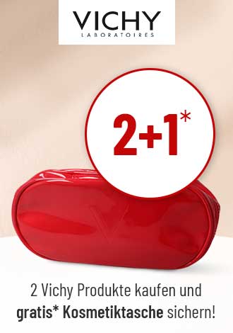 Eine rote Kosmetiktasche liegt auf einer hellen Oberfläche, darüber das Vichy-Logo und ein Hinweis auf eine 2+1-Aktion für Vichy-Produkte.