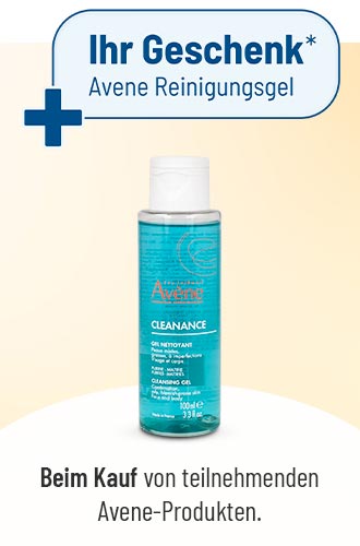 Werbegrafik: Gratis Avène-Reinigungsgel beim Kauf teilnehmender Produkte, mit Produktabbildung.