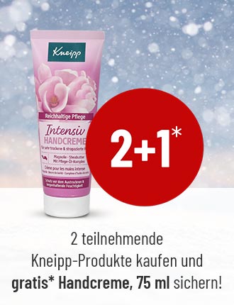 Kneipp-Intensivhandcreme vor winterlichem Hintergrund mit 2+1-Hinweis und Text zu Gratis-Handcreme beim Kauf teilnehmender Produkte.