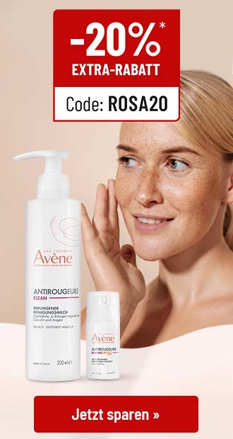 Avène Antirougeurs Pflege gegen Rötungen mit 20 % Extra-Rabatt*, Code ROSA20, Frau trägt Pflege auf, Button „Jetzt sparen“