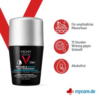 Infografik Vichy Homme Deo Roll-on 72h Anti-Flecken Invisible Eigenschaften