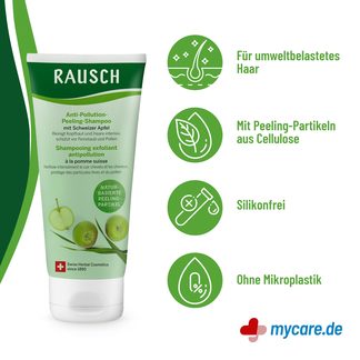 Infografik Rausch Anti-Pollution Peeling-Shampoo mit Schweizer Apfel Eigenschaften