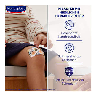 Grafik Hansaplast KIDS Sensitive Wundverband XL Pflaster mit niedlichen Tiermotiven für Kinder
