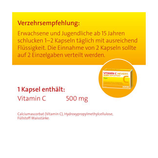 Grafik Vitamin C Hevert 500 mg gepufferte Kapseln Verzehrsempfehlung und Zutat