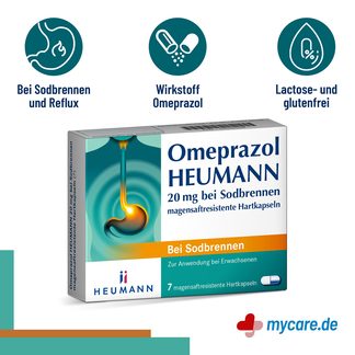 Infografik Omeprazol Heumann 20 mg bei Sodbrennen Eigenschaften