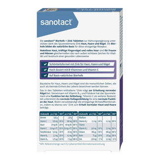 Sanotact Bierhefe + Zink Tabletten Packungsrückseite