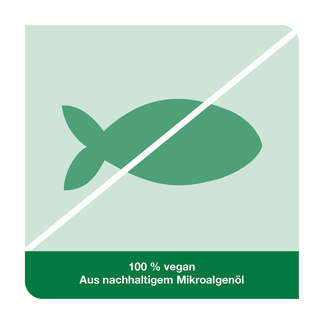 Grafik Omega 3-Loges pflanzlich Kapseln 100% vegan. Aus nachhaltigem Mikroalgenöl