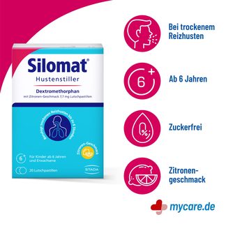 Infografik Silomat Hustenstiller Dextromethorphan mit Zitronen-Geschmack 7,7 mg Lutschpastillen Eigenschaften