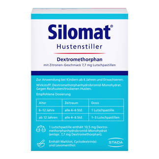 Silomat Hustenstiller Dextromethorphan mit Zitronen-Geschmack 7,7 mg Lutschpastillen Packungsrückseite