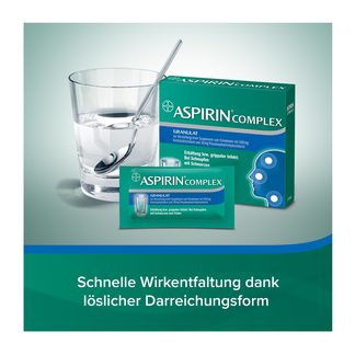 Grafik Aspirin Complex Beutel mit Granulat schnelle Wirkentfaltung dank löslicher Darreichungsform