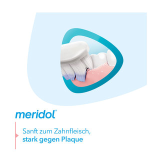 Grafik Meridol Zahnfleisch Komfort Zahnbürste extra sanft Sanft zum Zahnfleisch, stark gegen Plaque