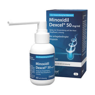 Minoxidil Dexcel 50 mg/ml Spray Verpackung und Flasche