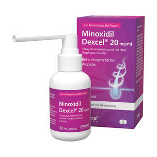 Minoxidil Dexcel 20 mg/ml Spray Verpackung und Flasche