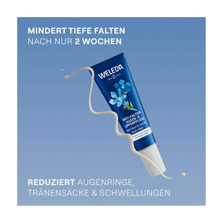 Grafik Weleda Anti-Falten Augen & Lippen Blauer Enzian & Edelweiß Mindert tiefe Falten. Reduziert Augenringe, Tränensäcke & Schwellungen.