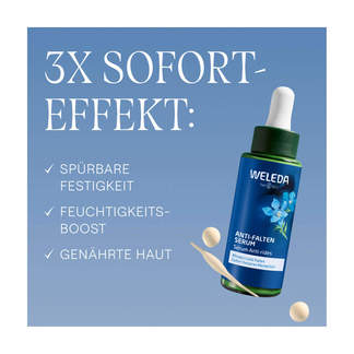 Grafik Weleda Anti-Falten Serum Blauer Enzian & Edelweiß 3x Sofort-Effekt: Spürbare Festigkeit. Feuchtigkeitsboost. Genährte Haut.