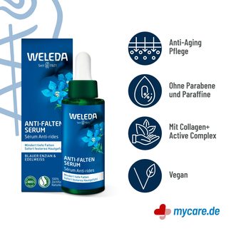 Infografik Weleda Anti-Falten Serum Blauer Enzian & Edelweiß Eigenschaften