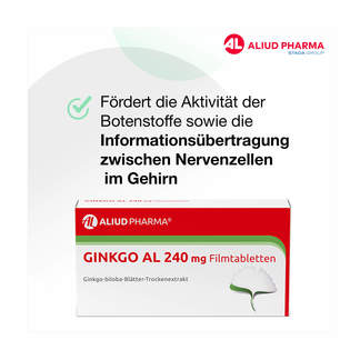 Grafik Ginkgo AL 240 mg Filmtabletten Fördert die Aktivität der Botenstoffe sowie die Informationsübertragung zwischen Nervenzellen im Gehirn