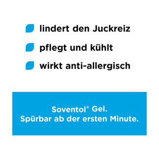 Grafik Soventol Gel Lindert den Juckreiz. Pflegt und kühlt. Wirkt anti-allergisch.