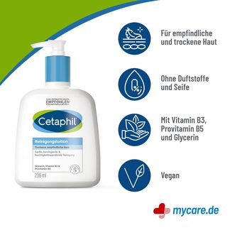 Infografik Cetaphil Reinigungslotion für trockene, empfindliche Haut Eigenschaften