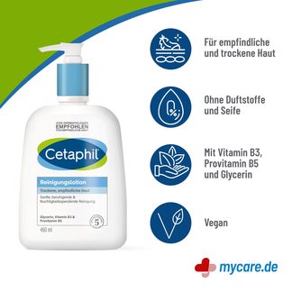 Infografik Cetaphil Reinigungslotion für trockene, empfindliche Haut Eigenschaften