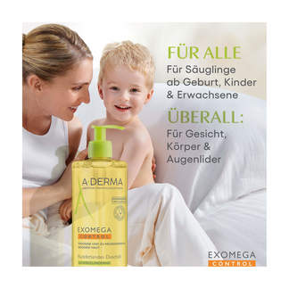 Grafik A-Derma Exomega Control Duschöl Für Säuglinge ab Geburt, Kinder und Erwachsene geeignet.