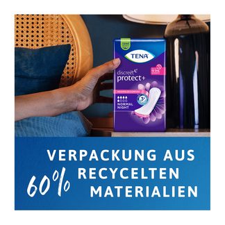 Grafik TENA Discreet Normal Night Inkontinenz Einlagen Verpackung aus 60 % recycelten Materialien