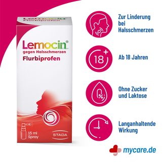 Infografik Lemocin Flurbiprofen Spray gegen Halsschmerzen Eigenschaften