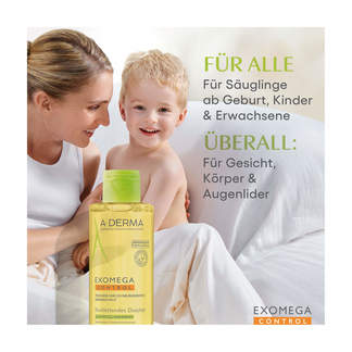 Grafik A-Derma Exomega Control Duschöl Für Säuglinge ab Geburt, Kinder und Erwachsene geeignet.