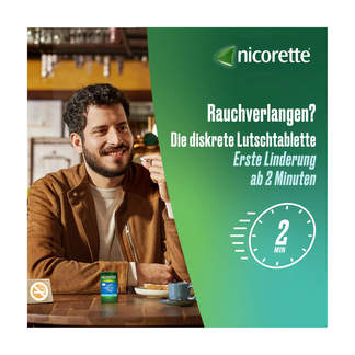 Grafik Nicorette Lutschtabletten 4 mg Nikotin Diskrete Lutschtablette. Erste Linderung ab 2 Minuten