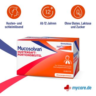 Infografik Mucosolvan Hustensaft-Portionsbeutel mit 30 mg Ambroxol Eigenschaften