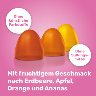 Grafik Eunova Energie Gummies Mit fruchtigem Geschmack nach Erdbeere, Apfel, Orange und Ananas.