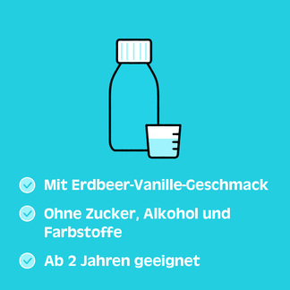 Grafik Silomat Hustenlöser Ambroxolhydrochlorid 30 mg/5 ml Sirup Mit Erdbeer-Vanille-Geschmack. Ab 2 Jahren geeignet