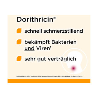 Grafik Dorithricin Halstabletten Waldbeere Schnell schmerzstillend. Bekämpft Bakterien und Viren*. Sehr gut verträglich.