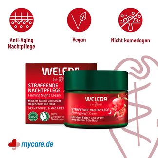 Infografik Weleda Straffende Nachtpflege Granatapfel & Maca-Peptide Eigenschaften