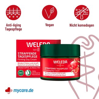 Infografik Weleda Straffende Tagespflege Granatapfel & Maca-Peptide Eigenschaften