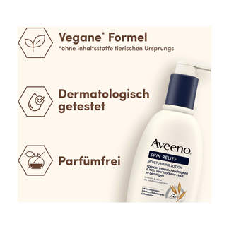 Grafik Aveeno Skin Relief Body Lotion Vegane* Formel. Dermatologisch getestet. Parfümfrei.