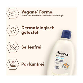 Grafik Aveeno Skin Relief Seifenfreies Duschgel Vegane* Formel- Dermatologisch getestet. Seifen- und parfümfrei.