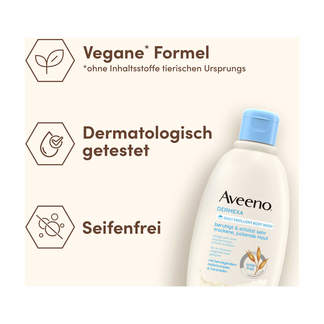 Grafik Aveeno Dermexa Emollientien Duschcreme Vegane* Formel. Dermatologisch getestet. Seifenfrei.