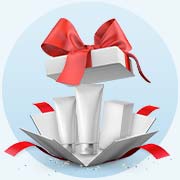 zum mycare Newsletter anmelden Geöffnete Geschenkbox mit roter Schleife, aus der weiße Kosmetiktuben und -verpackungen ragen, im Kreis.