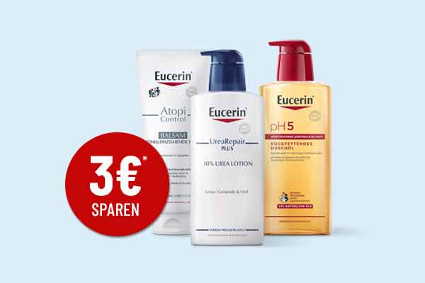 Drei Eucerin Produkte mit dem Hinweis auf 3 Euro sparen.