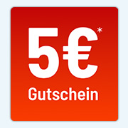 zum mycare Newsletter anmelden Roter Gutschein mit 5 € Rabatt* in weißer Schrift auf einfachem Hintergrund