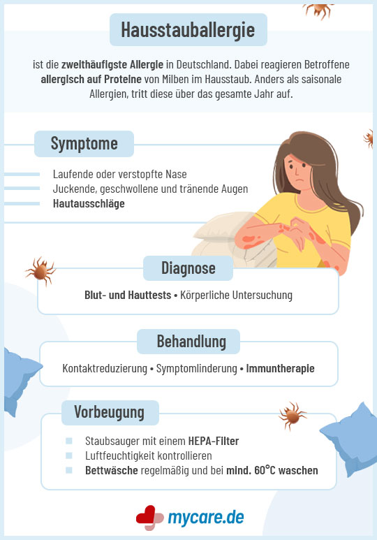 Infografik Hausstauballergie: Symptome, Diagnose, Behandlung & Vorbeugung