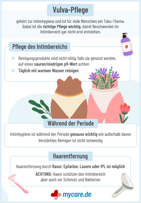 Infografik Vulva Pflege: im Intimbereich, während der Periode & Haarentfernung im Intimbereich