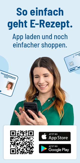 Werbebanner für eine App zum Einlösen von E-Rezepten. Eine lächelnde Frau hält ein Smartphone, während im Hintergrund eine Gesundheitskarte zu sehen ist. Am unteren Bildrand befinden sich ein QR-Code und die Logos für den Apple App Store und Google Play.