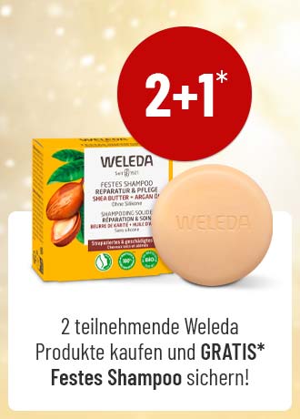 Weleda Aktion: Beim Kauf von zwei Weleda-Produkten gibt es ein festes Shampoo gratis dazu. Zu sehen ist das Weleda Feste Shampoo mit Sheabutter und Arganöl in plastikfreier Verpackung, reparierend und pflegend bei strapaziertem Haar.
