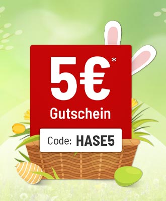5 € Gutschein* mit Code HASE5 vor Osterkorb mit Hasenohren und bunten Eiern