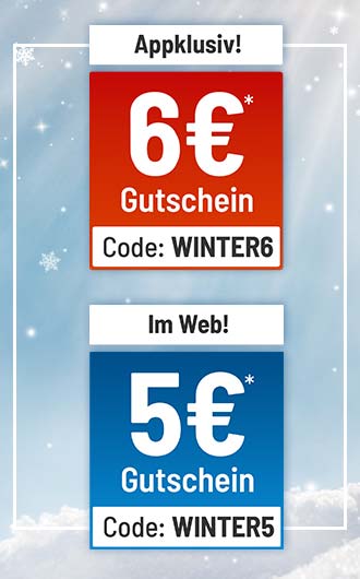 Zwei Gutscheinboxen: oben 6-€-App-Gutschein mit Code WINTER6, unten 5-€-Webgutschein mit Code WINTER5 vor winterlichem Hintergrund.