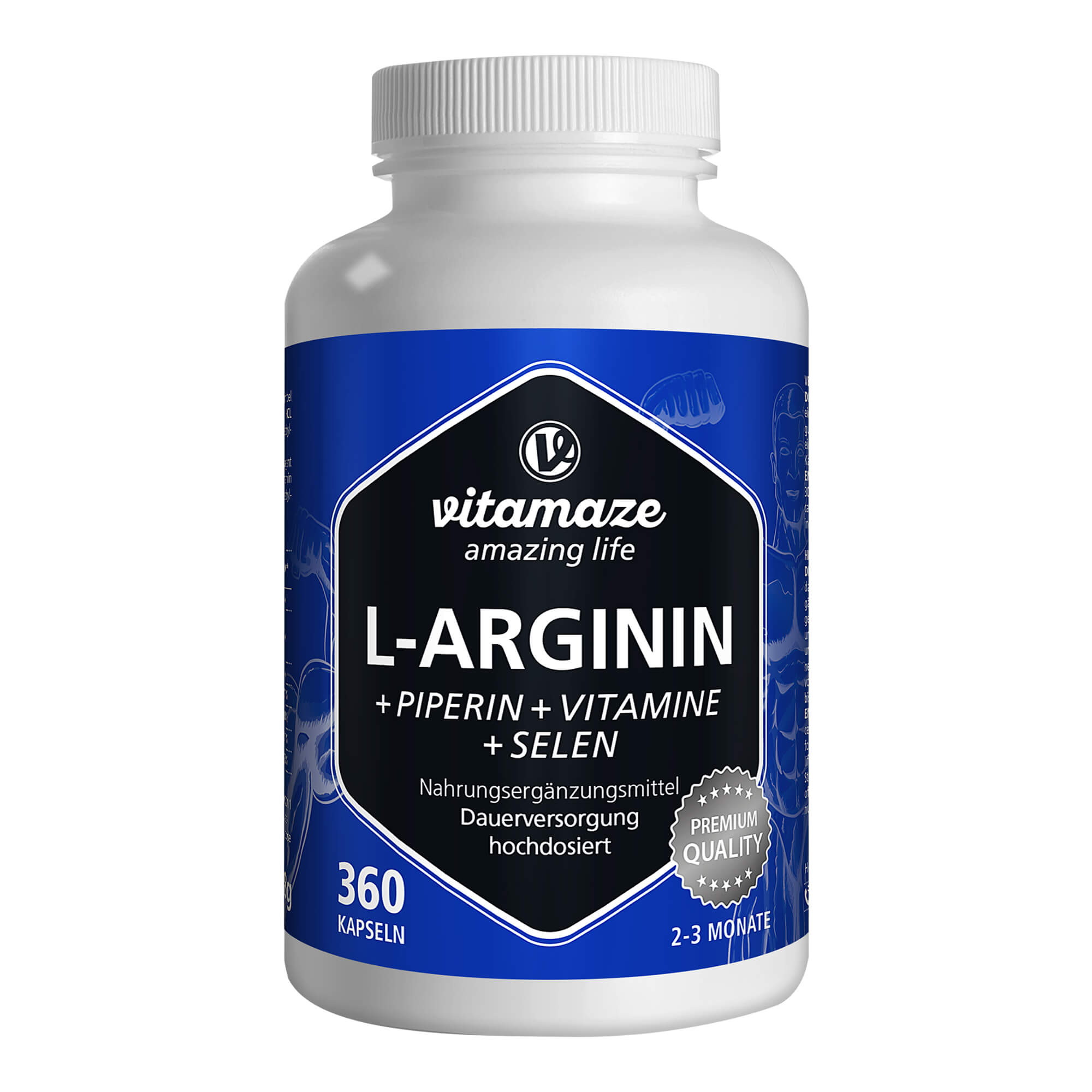 L-Arginin 750 mg hochdosiert + Piperin + Vitamine Kapseln