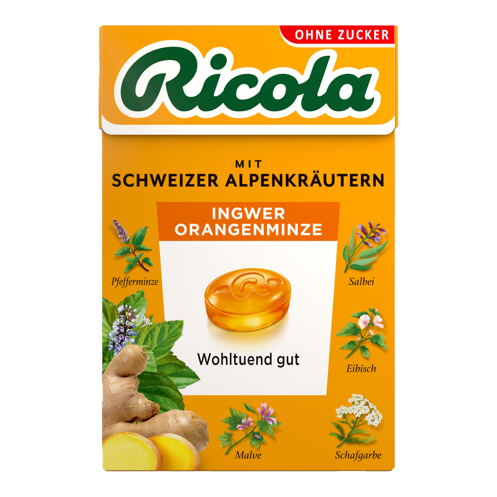 Ricola ohne Zucker Box Ingwer Orangenminze Bonbons