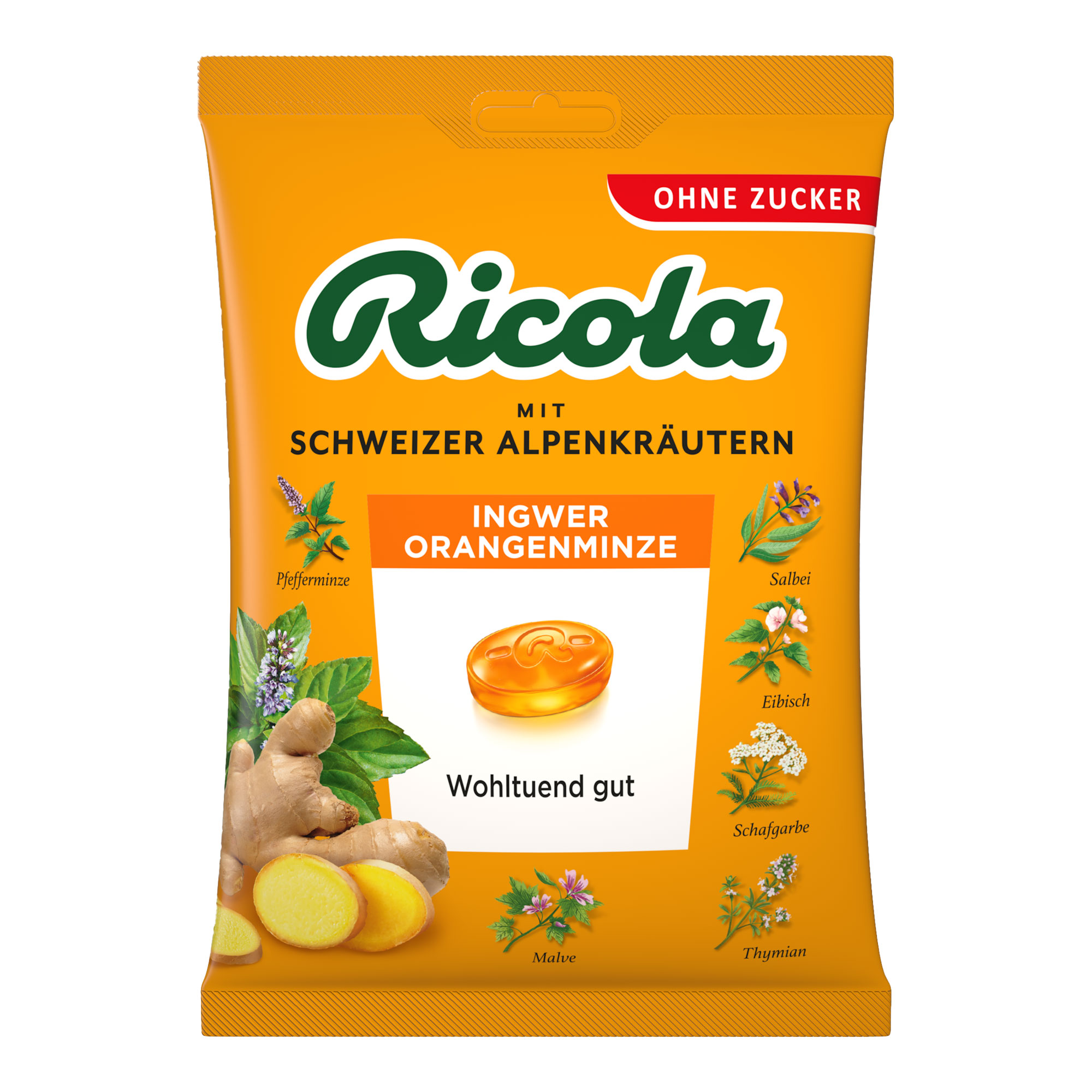 Ricola ohne Zucker Beutel Ingwer Orangenminze Bonbons